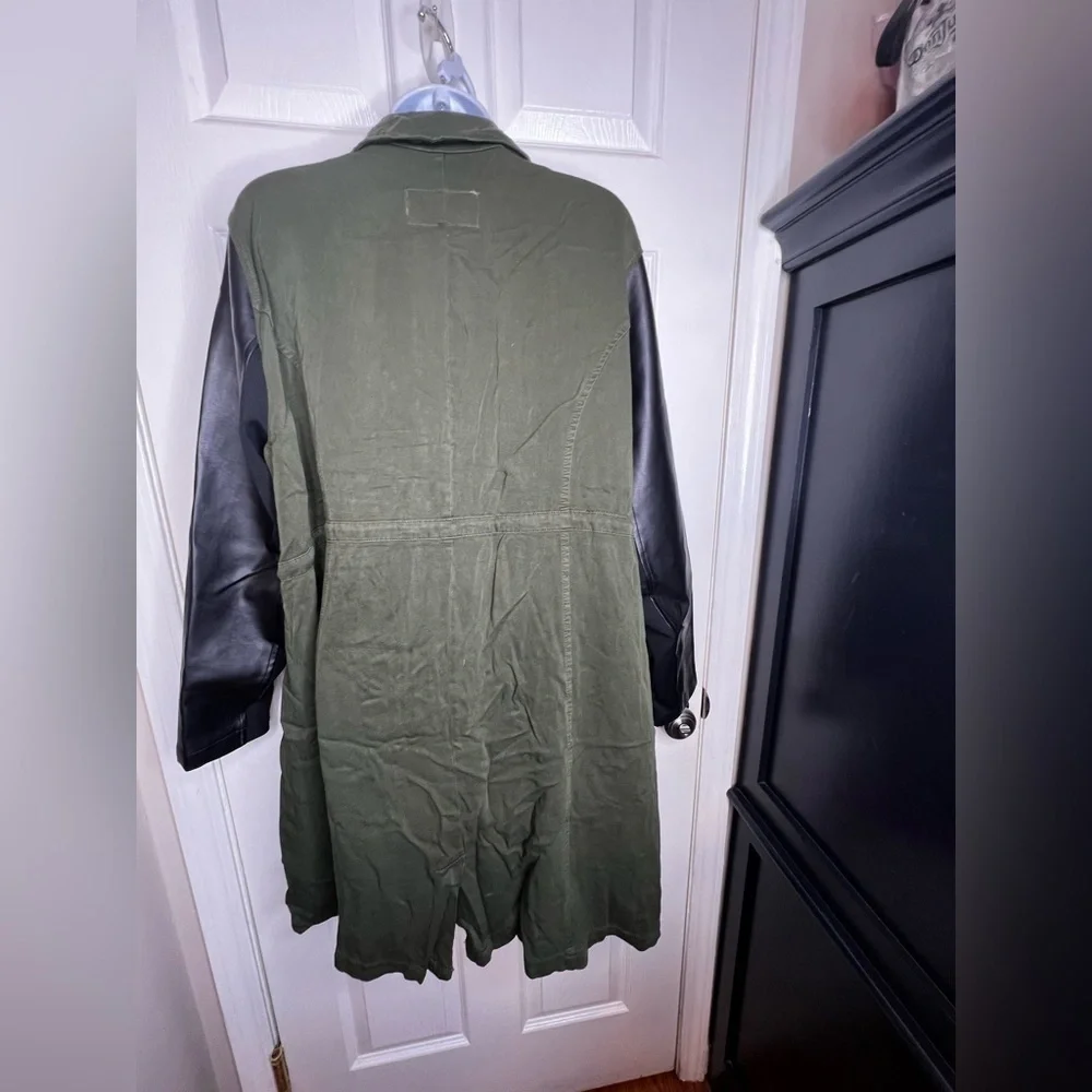 Torrid 0 Twill Canvas Drawstring Jacket Green Olive Faux Leather Sleeve L 12 - Picture 5 of 15